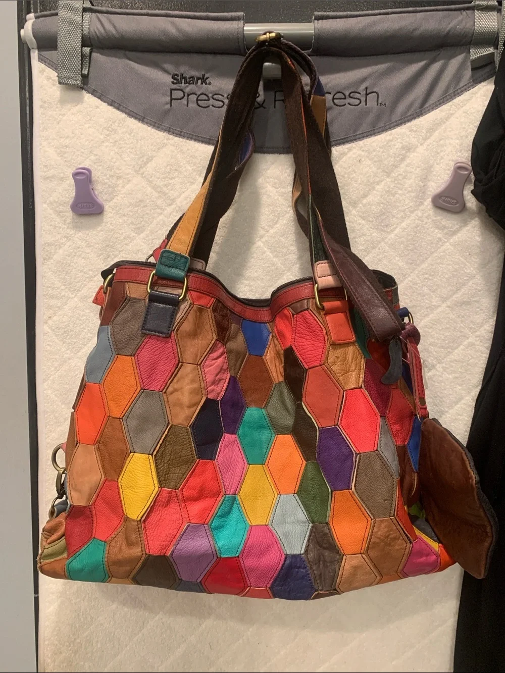 Colorful Hex Patchwork Leather Tote Bag - Multicolor Women’s Shoulder Tote